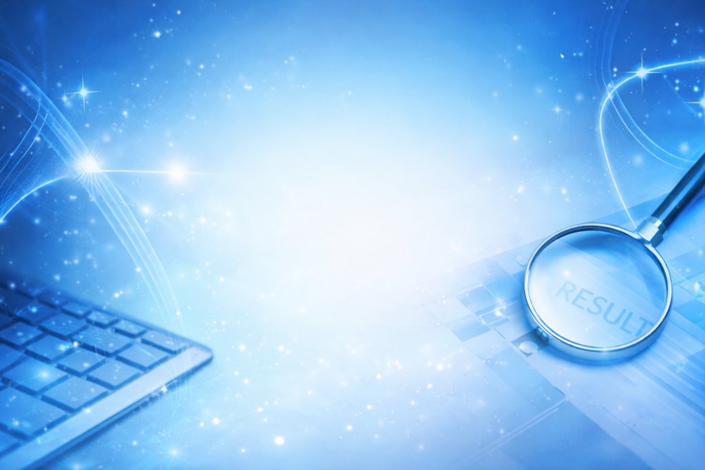 Blue Home Page Hero, Magnifying Glass and text: RESULT